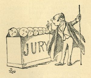 A political cartoon of a jury and lawyer promoted by the Law Offices of Jerod Gunsberg in Los Angeles, CA